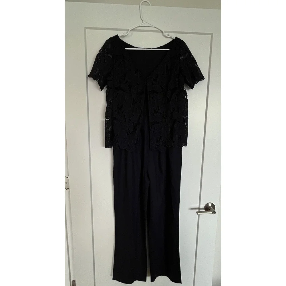 Tory Burch Avalon Jumpsuit Navy Blue Wool Blend Lace Overlay Size 6